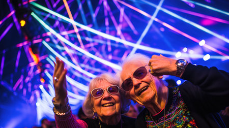 an amazing grandma and grandpa, older couple dating and partying in a disco setting. An elderly couple is having fun despite their age. Lifestyle.の素材