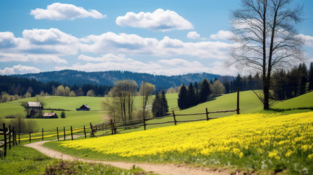 Spring field landscape with hills and blue sky. Image, Background for a Magazine, Bannerの素材