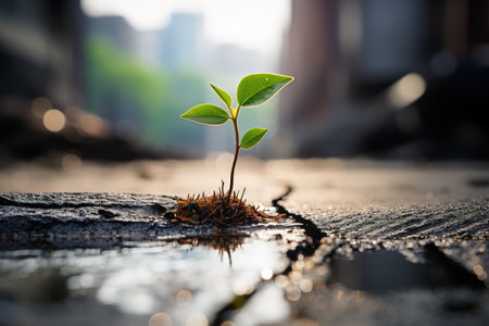 Trees growing at the crevices of asphalt Roads. Environment.の素材