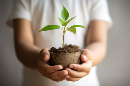 Kid's hands holding a young plant. New life. Care and protection. Close-up.の素材
