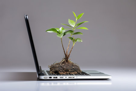 the Plant grows on the tablet. Business concept, The birth of a new life from technology. Banner, Advertising. Environmentの素材