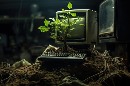 the Plant grows on the tablet. Business concept, The birth of a new life from technology. Banner, Advertising. Environmentの素材