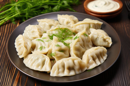Boiled prepared homemade Russian pelmeni, dumplings, ravioli with meat on plate with fresh parsley, pepper, wooden rustic background. Image for the Menu, Bannerの素材