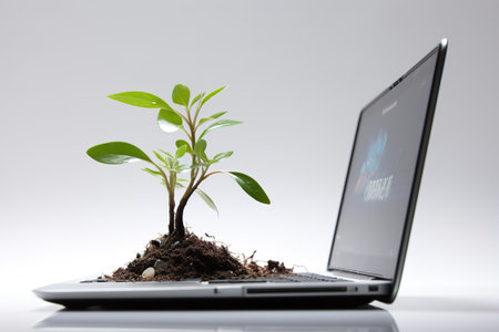 the Plant grows on the tablet. Business concept, The birth of a new life from technology. Banner, Advertising. Environmentの素材