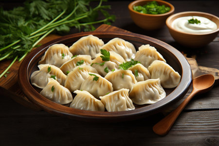 Boiled prepared homemade Russian pelmeni, dumplings, ravioli with meat on plate with fresh parsley, pepper, wooden rustic background. Image for the Menu, Bannerの素材