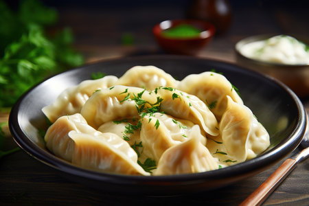 Boiled prepared homemade Russian pelmeni, dumplings, ravioli with meat on plate with fresh parsley, pepper, wooden rustic background. Image for the Menu, Bannerの素材