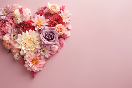 Beautiful bouquet pink roses flowers in the form of Heart in pastel tones for Background, Copy space for text on various important occasions. Postcard, Invitation, Bannerの素材