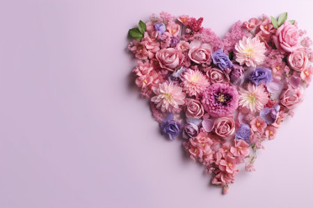 Beautiful bouquet pink roses flowers in the form of Heart in pastel tones for Background, Copy space for text on various important occasions. Postcard, Invitation, Bannerの素材