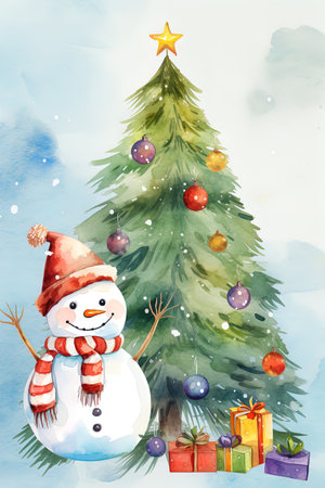 A watercolor painting depicting a Snowman and a Christmas tree, conveying the cheerful spirit of a Merry Christmas and New Year. Postcard, Banner, Calendarの素材