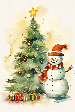 A watercolor painting depicting a Snowman and a Christmas tree, conveying the cheerful spirit of a Merry Christmas and New Year. Postcard, Banner, Calendarの素材