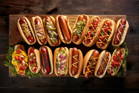 Tasty hot dogs, collection of hot dogs with various fillings on a background, Image for the Menu, Advertisingの素材