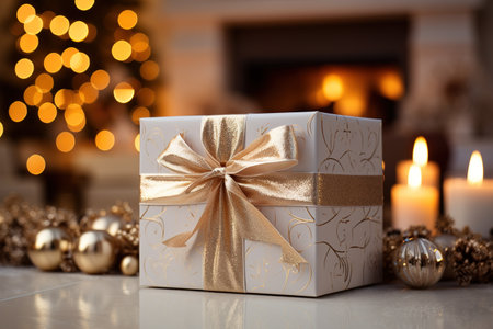 White box with a Christmas theme and a fireplace in the background with a Christmas tree, Image for advertising, Banner, Magazinesの素材