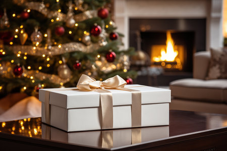 White box with a Christmas theme and a fireplace in the background with a Christmas tree, Image for advertising, Banner, Magazinesの素材