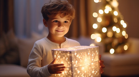 A child holds an open gift Box in his hands in the Christmas living room. The concept of the holiday. A festive image. Banner, Poster.の素材
