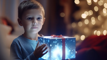 A child holds an open gift Box in his hands in the Christmas living room. The concept of the holiday. A festive image. Banner, Poster.の素材