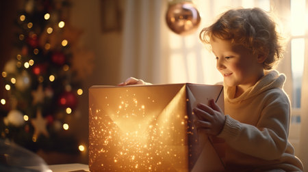 A child holds an open gift Box in his hands in the Christmas living room. The concept of the holiday. A festive image. Banner, Poster.の素材