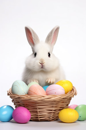 Fluffy Rabbit in basket with Easter eggs isolated on white, Illustration, Designの素材