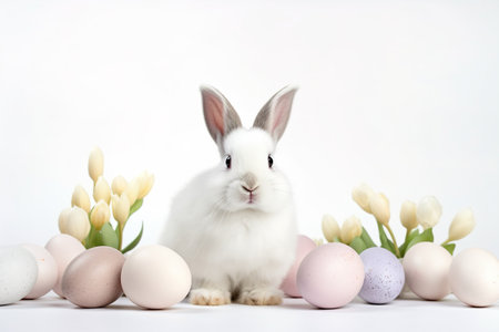Fluffy Rabbit in basket with Easter eggs isolated on white, Illustration, Designの素材