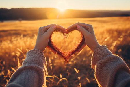 A couple holding hands in the shape of a heart on the beach. Love and relationships.の素材