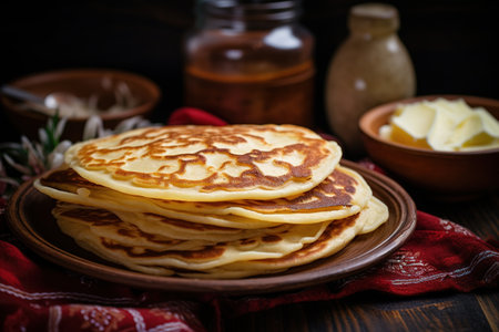Stack of traditional Russian pancakes blini on gray background. Homemade Russian thin pancakes blini. Russian food, Russian cuisineの素材
