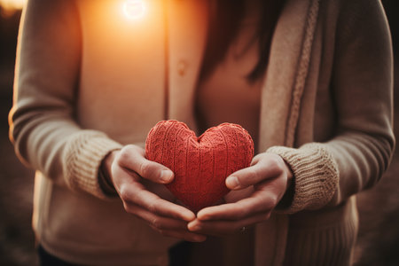 A couple holding hands in the shape of a heart on the beach. Love and relationships.の素材