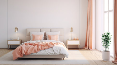 Bedroom in the trending color of 2024. Peach tones. Bedroom design.の素材