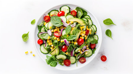 Spring vegan salad. It consists of corn, cherry tomatoes, young spinach, cucumber and radish. The concept of healthy eating. View from above. Photos for menus, food magazinesの素材