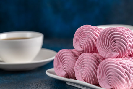 Strawberry marshmallows or marshmallows with a cup of tea. Natural Dietary Marshmallowsの写真素材