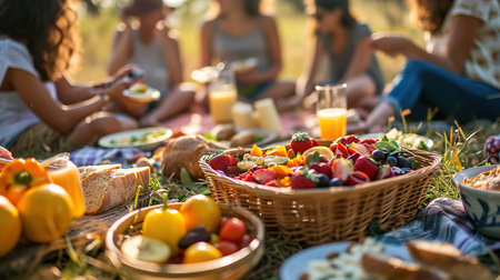 A group of young multicultural friends are sitting on the lawn of the community park having drinks and enjoying their leisure timeの素材