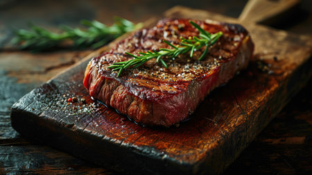 Medium-rare grilled beef steak served on a wooden board. Photos for the menu. Adsの素材