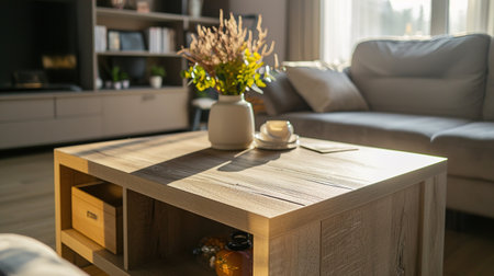 Stylish interior design of the living room with an original wooden coffee table in a home decor. Design, Bannerの素材