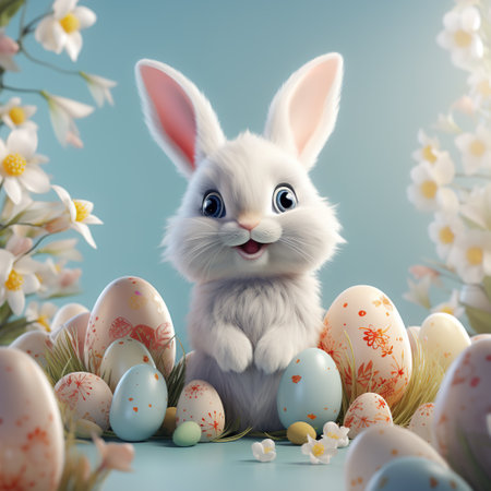 Cute Easter bunny on a light background, 3D, Easter backgroundの素材