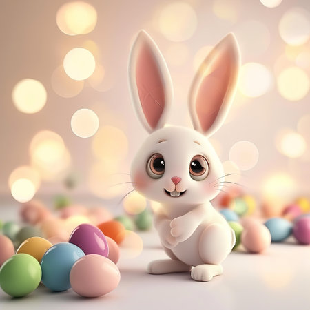 Cute Easter bunny on a light background, 3D, Easter backgroundの素材