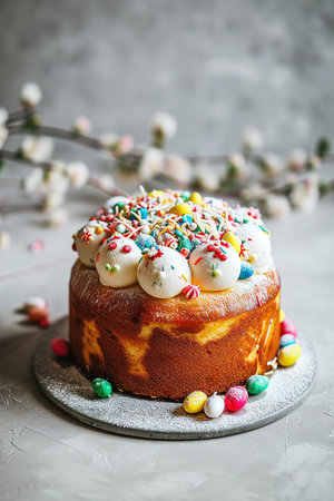 Easter eggs and Traditional Russian Easter Cake with Marshmallow on Icing and confectionery sprinkles as modern Decoration on white background with copy space. Light Easter-Orthodox holiday backgroundの素材