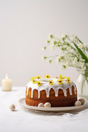 Easter eggs and Traditional Russian Easter Cake with Marshmallow on Icing and confectionery sprinkles as modern Decoration on white background with copy space. Light Easter-Orthodox holiday backgroundの素材