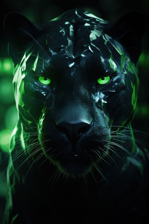 Abstract Panther close-up in green Neon lighting, green eyes, 3D, Banner, Album design, notebooks, smartphone backgroundの素材