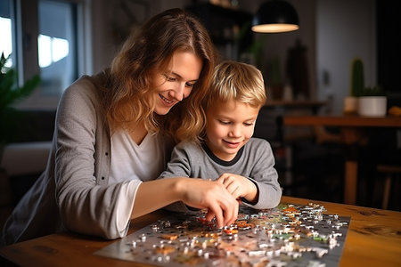A young smiling mother with her small preschooler child is collecting Puzzles while sitting at a table in the room. The Concept of childhood, games and leisure.の素材