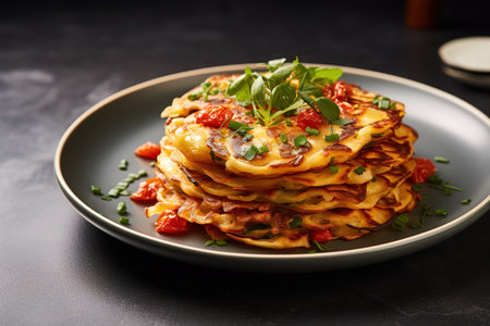 Close up view of potato pancakes. Potato pancakes latkes, flapjacks, hash brown or potato vada on gray plate over gray wooden table, with fresh parsley and sour cream.の素材