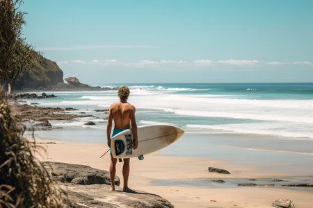 A young handsome Male Surfer with a surfboard poses on a sandy beach, A muscular athletic guy stands on the seashore and looks away, waiting for high waves, enjoying surfing and summer vacationsの素材
