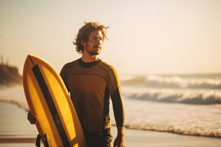 A young handsome Male Surfer with a surfboard poses on a sandy beach, A muscular athletic guy stands on the seashore and looks away, waiting for high waves, enjoying surfing and summer vacationsの素材