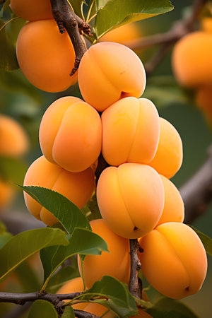 A ripe yellow apricot fruit on a branch of a tree with green leaves, in an orchard. Image for advertising, bannerの素材