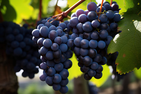 A close-up of a bunch of Grapes hanging in a vineyard, a wide shot. Image for advertising, Bannerの素材