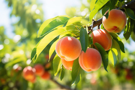 Ripe peach close-up with peach orchard in the background. Image for advertising, bannerの素材