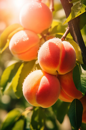 Ripe peach close-up with peach orchard in the background. Image for advertising, bannerの素材