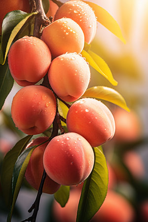 Ripe peach close-up with peach orchard in the background. Image for advertising, bannerの素材