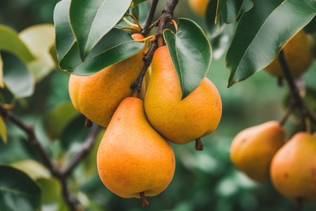 Ripe pear fruits on a branch of a tree with green leaves, in an orchard. Image for advertising, bannerの素材