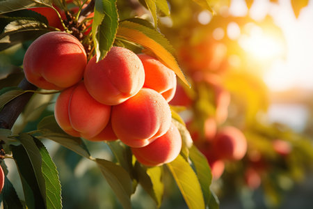 Ripe peach close-up with peach orchard in the background. Image for advertising, bannerの素材
