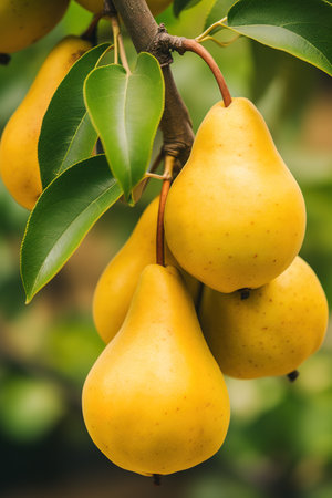 Ripe pear fruits on a branch of a tree with green leaves, in an orchard. Image for advertising, bannerの素材