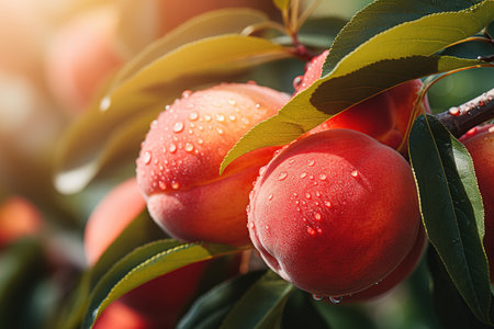Ripe peach close-up with peach orchard in the background. Image for advertising, bannerの素材