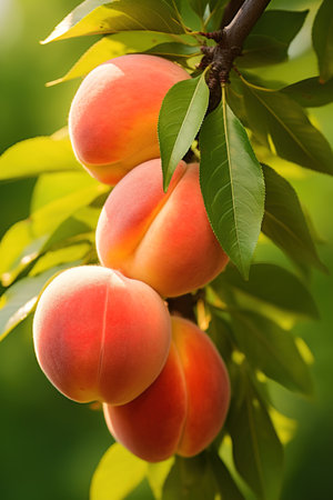 Ripe peach close-up with peach orchard in the background. Image for advertising, bannerの素材